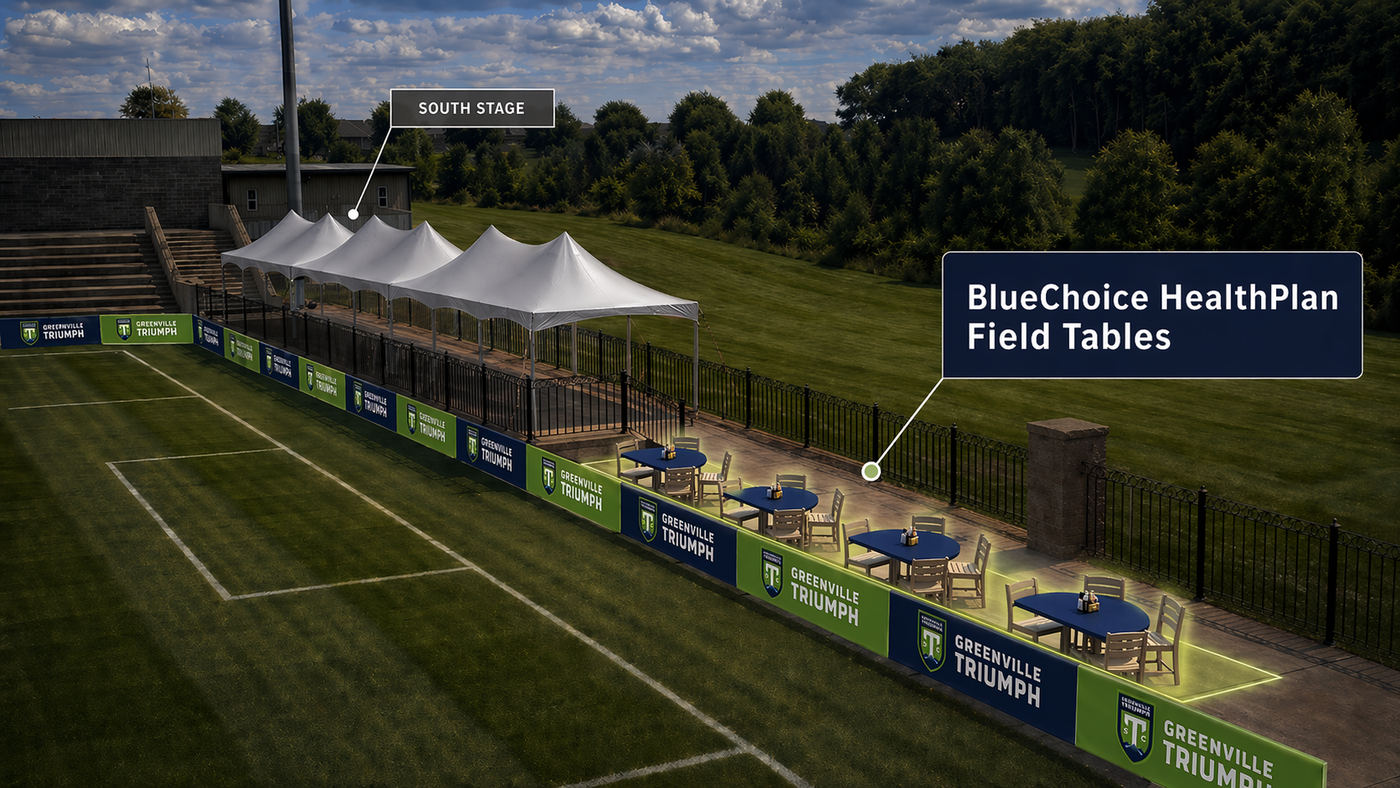 The original concept render of the field tables, labelled and shown against the South Stage