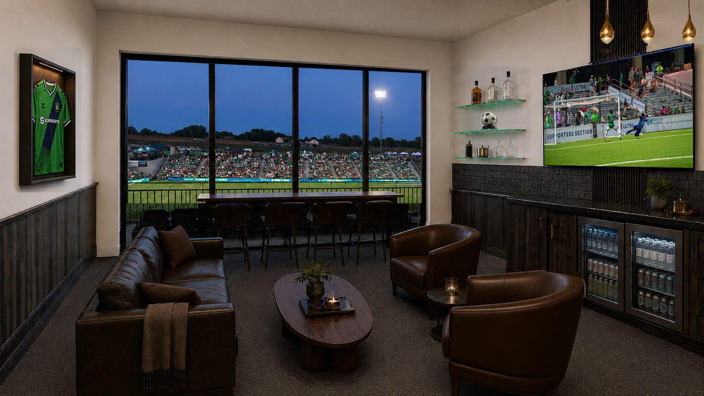 Suite interior render with a bar, lounge seating, and the pitch beyond the window wall